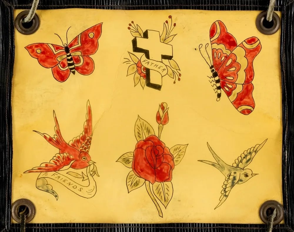 Vintage flash sheet with butterflies, swallows, a rose and a cross