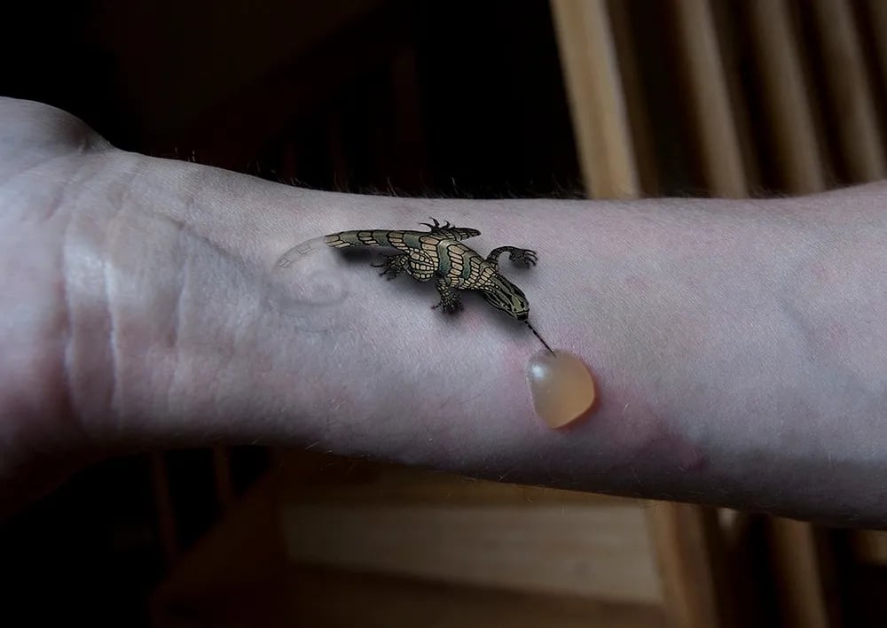 Freshly finished small lizard tattoo on a wrist, shining with ointment