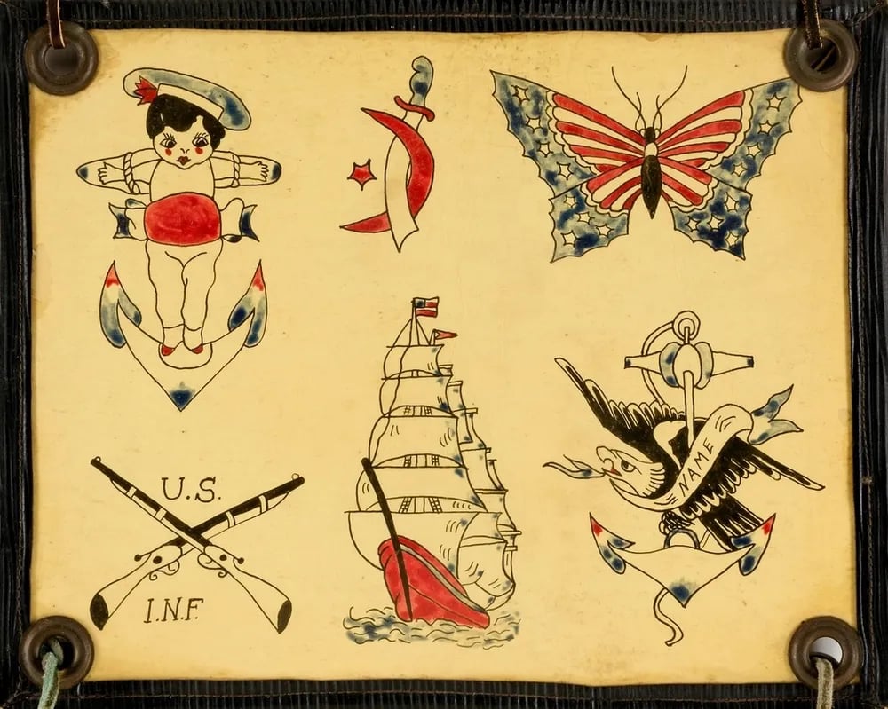 Vintage flash sheet with a sailing ship, anchors, a dagger and a butterfly