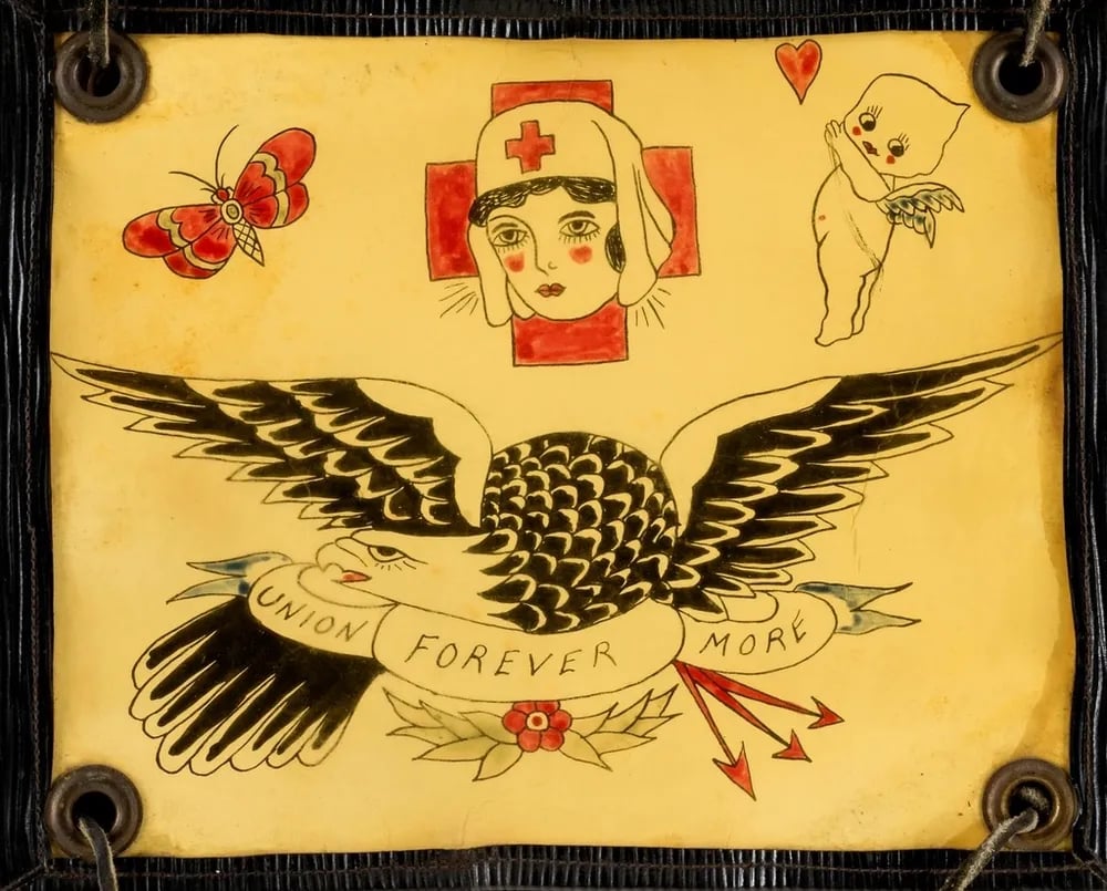 Vintage flash sheet with an eagle and a banner, a nurse, a moth and a cherub