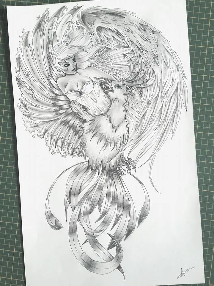 Pencil sketch of a phoenix drawn as a tattoo design