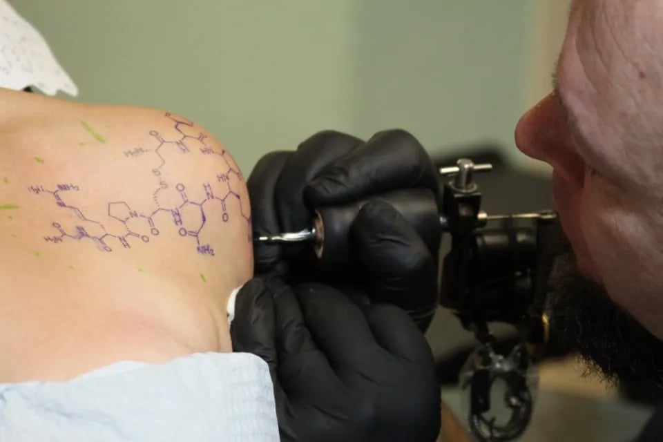 Gloved tattooer starting the linework over a purple stencil on a shoulder